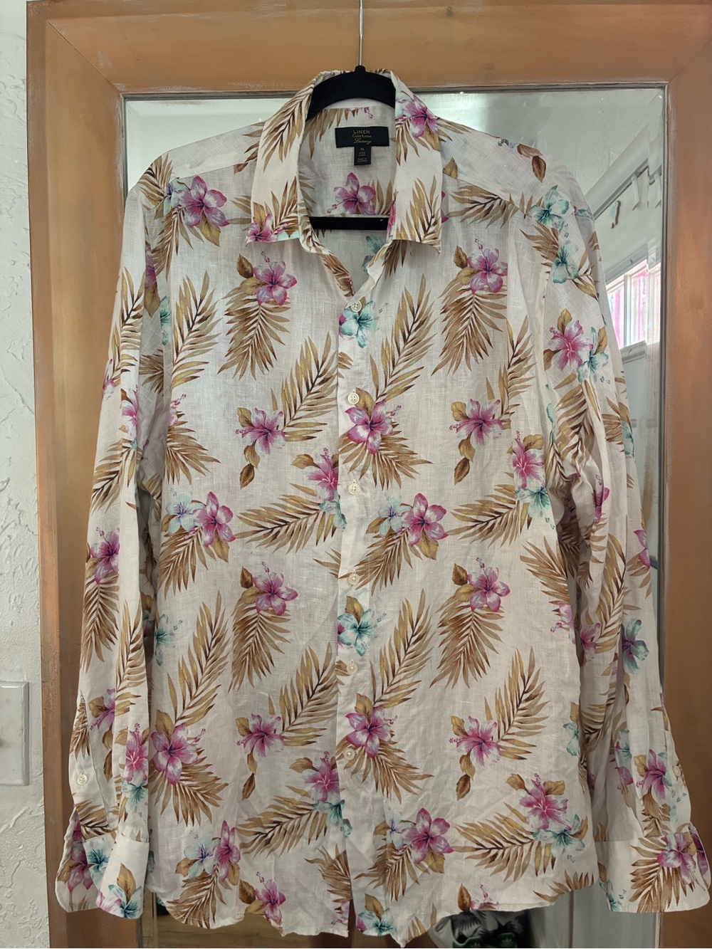 Club Room Floral Linen Button-Down Shirt in White, Pink & Teal | Size XL